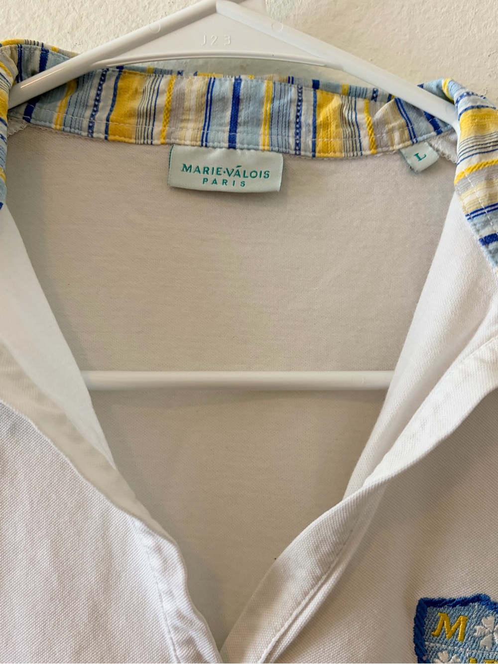 White Short Sleeve Tee with Yellow & Blue Stripe Collar